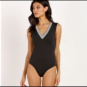 Seea Black One-Piece with Patterned V-Neck